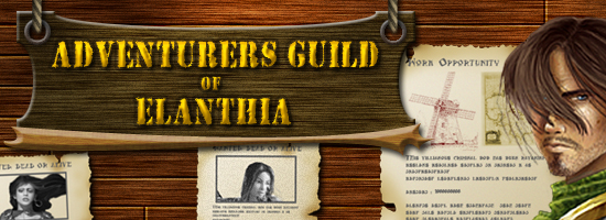 The image shows a dark wooden wall with three task posters affixed to it. A wooden sign hangs down with "Adventurer's Guild of Elanthia" in golden yellow. A young, scruffy male stands before the tasks, his face tilted away with his hair covering one eye.