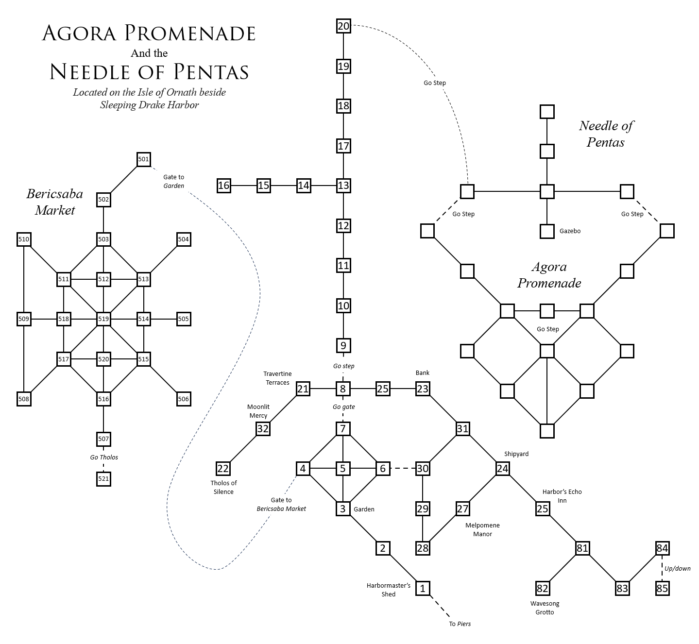 This is an image of Sleeping Drake Harbor, Agora Promenade, Tower of Pentas, and the Bericsaba Market by Alosaka