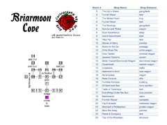 Representational map of the in-game rooms comrpising the 2016 Briarmoon Cove pay event. It includes a shop listing on the right side. Speical thanks are noted to Durakar and Maetriks.