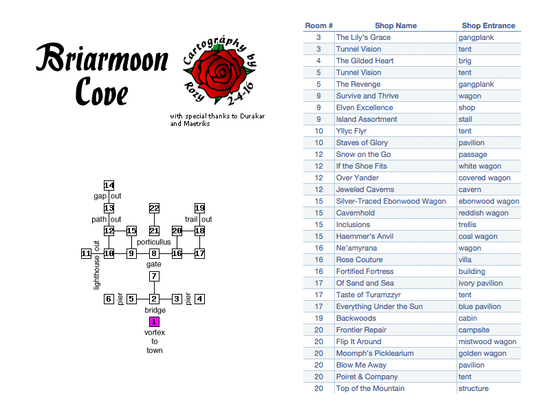 Representational map of the in-game rooms comrpising the 2016 Briarmoon Cove pay event. It includes a shop listing on the right side. Special thanks are noted to Durakar and Maetriks.