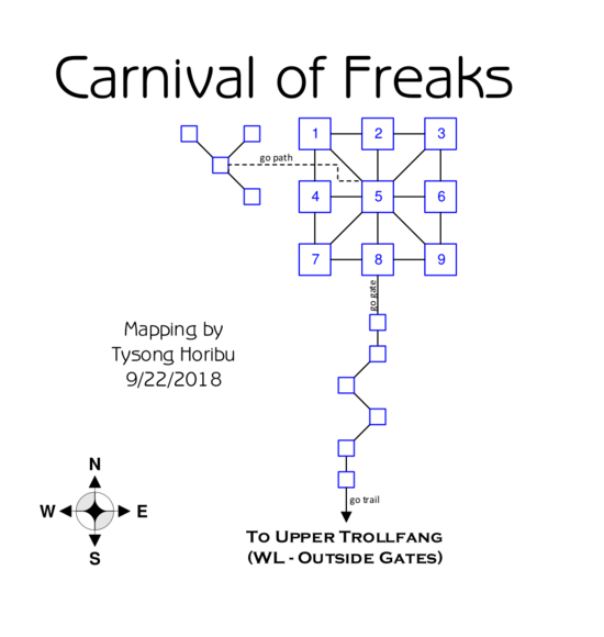 Representational map of the in-game rooms for the Carnival of Freaks festival venue.