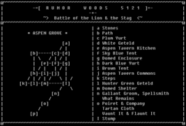 ASCII map of the Aspen Grove at Rumor Woods marking locations and shops.