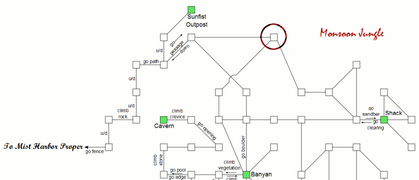Representational map of the Monsoon Jungle with the Midsummer's Festival entrance room circled.