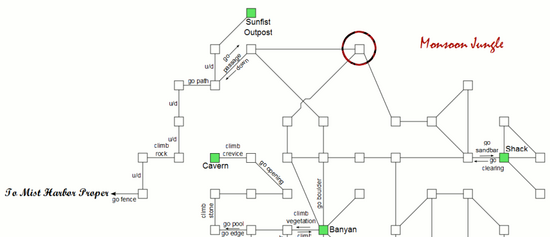 Cropped image of a player-created map of the Mist Harbor Wilds that indicates where the festival entrance is located.