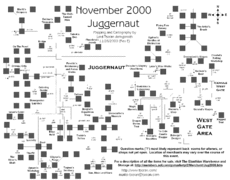 Representational map of the in-game rooms comprising the Juggernaut venue. The Juggernaut is noted as being located outside of Icemule Trace's west gate.