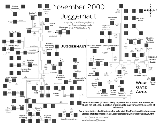 Representational map of the in-game rooms comprising the Juggernaut. The Juggernaut is noted as being located outside of Icemule Trace's west gate.