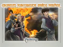 Four women wrangle one another, their attention focused on a man in the foreground, who stands, oblivious to their antics, with one hand in his pocket and the other holding up a sparkling ring. A fiery tempest overtakes the background behind the quarreling women.