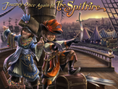 Two halfling pirates stand, side by side, aboard a ship in front of the base of its mast. They are both dressed in stereotypical pirate clothing and are wearing a wide variety of weaponry and elaborate jewelry. A town is visible in the distance with many tents and wagons set out on the shoreline.