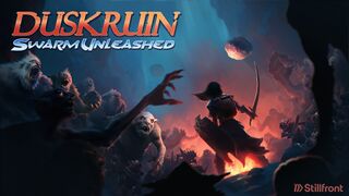 A lone warrior, hair flowing in the wind, stands at the heart of an arena, a swarm of creatures rushing to engage in battle. The warrior holds a sword aloft in one hand and a shield in the other.