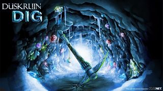 A single, stylized pickaxe is thrust into a frozen cavern floor with its handle sticking out at an angle and dangling a demilune pendant. Gems imbedded in the cavern walls glitter as icicles drip down from overhead.