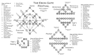 Simple color map of the realm of Naidem, representing the different rooms in games as connected blocks and including some prominent locations such as Vigil's End, Innocent's End, Fate's Holding, and the main area of Evermore Hollow.