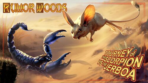 alttext=A glossy ebon scorpion faces off against a sand-colored jerboa in a desert scene.