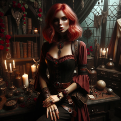 Cylnthia sitting amongst her divination tools.