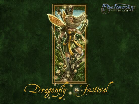 An aelotoi woman stands on a tree limb, surrounded by tiny glowing dragonflies. Beneath is the text, "Dragonfly Festival", and the image is watermarked with the GemtStone IV logo.