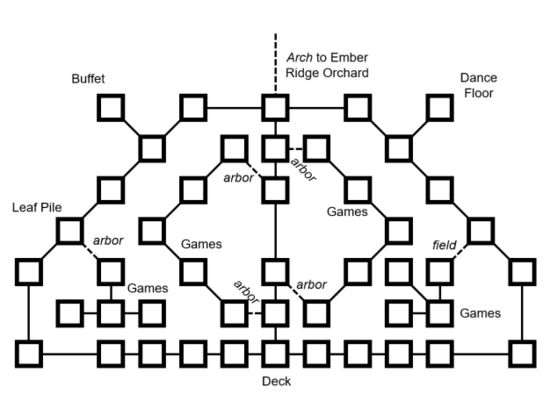 Representational in-game map of the Harvest Luminary Festival grounds.