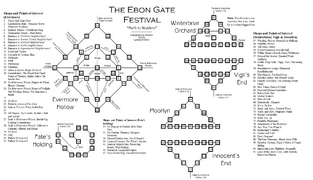 Simple color map of the realm of Naidem, representing the different rooms in games as connected blocks and including some prominent locations such as Vigil's End, Innocent's End, Fate's Holding, and the main area of Evermore Hollow.