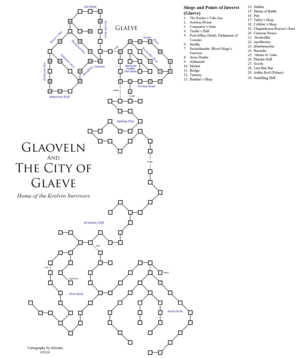 A player-created map depicting the accessible rooms of Glaeve and surrounding areas.