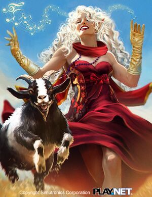 Delindra runs through a sunny area, laughing joyfully as musical notes swirl about her and a black and white goat frolics along beside her.