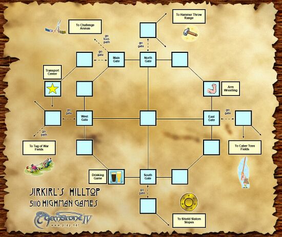 Representational map of the in-game rooms comprising of Jikirl's Hilltop, featuring the Gemstone logo and "5110 Highman Games" prominently displayed on it.