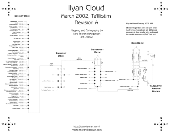 Representational map of the in-game rooms comprising the Ilyan Cloud airship during its 2002 run. Major sections of the airship are labeled as the Main Deck, Silvermist Deck, Twilight Deck, and Sunset Deck. Shops are listed on all decks except for the Main Deck, with the majority of them on the Sunset Deck. Entry to the airship's Main Deck from the Ta'Illistim Airship Docks is via a gangplank.