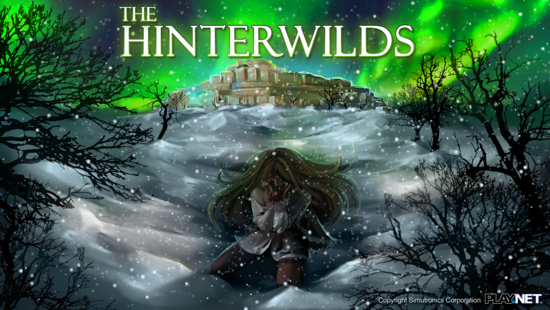 A lone female kneels in the snow, her features hidden behind their hands, as barren trees surround her and snow continues to fall. Behind her is a fortress backlit by vibrant green auroras in the sky.