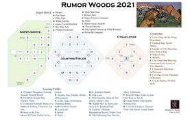 Simple color map of Rumor Woods, representing the different rooms in games as connected blocks.