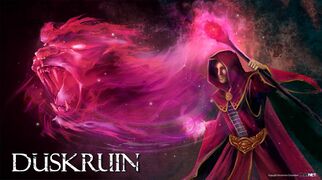 A hooded mage wearing purple robes bound with a thick and ornate belt waves his rune staff and from the weapon's cap emerges a fierce lion spirit in magenta hues.