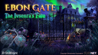 The image depicts the cover for an event named "Ebon Gate: The Ivenra's Fate." It shows a dark, spooky mansion behind a gothic, wrought-iron gate. The scene is set at night, under a sky with northern lights. In front of the gate, there are eerie plants with glowing orbs called wisp lanternberries and the skeleton of a creature. A gargoyle statue is perched on the gate's pillar. The logos of Stillfront, Simutronics Corporation, and Play.net are present at the bottom.