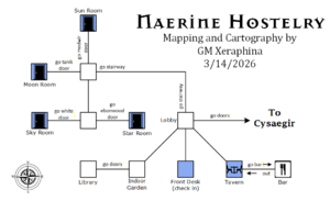 This is a map of Naerine Hostelry, created using squares to indicate rooms and lines for directions.