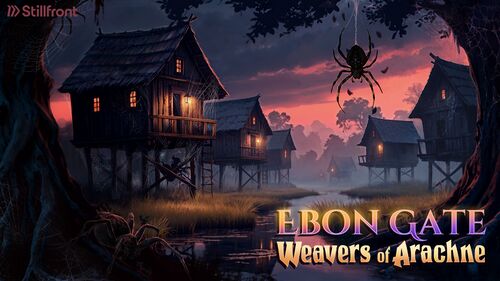 The image depicts a dark, moody fantasy scene set at dusk. Several wooden houses on stilts stand over a misty marsh, their walls and supports draped in thick spiderwebs. Warm light glows from their windows, creating a stark contrast against the cool purples and blues of the twilight sky. In the foreground, a large spider clings to a tree trunk on the left, while another enormous spider hangs from a thread above the marsh on the right. Reflections of the stilt houses shimmer in the still water below, surrounded by patches of tall grass. The horizon is painted with shades of pink, violet, and orange as the sun sets behind silhouetted trees. The text “Ebon Gate: Weavers of Arachne” appears prominently near the bottom in glowing purple and gold lettering, with the Stillfront logo in the upper left corner.