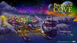 Snow covers the landscape under a vibrant starry night sky, with two moons visible hanging low on the horizon. A large ship is docked at one of two piers of a small village on a cove. A lit lighthouse stands watch on the cliffsides. Beyond, brightly lit houses of a densely packed village are festively decorated. Snow continues to fall on the scene. It is titled Briarmoon Cove and bears the Play.net banner.