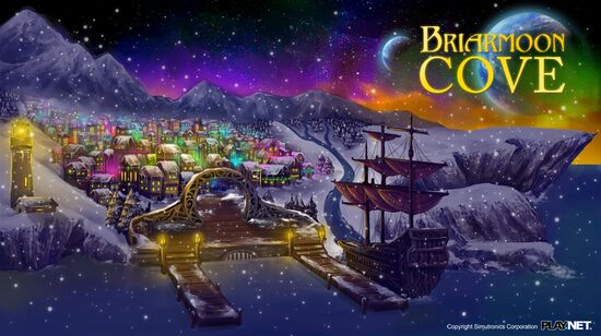Snow covers the landscape under a vibrant starry night sky, with two moons visible hanging low on the horizon. A large ship is docked at one of two piers of a small village on a cove. A lit lighthouse stands watch on the cliffsides. Beyond, brightly lit houses of a densely packed village are festively decorated. Snow continues to fall on the scene. It is titled Briarmoon Cove and bears the Play.net banner.