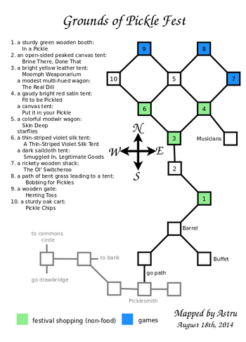 Representational map of the in-game rooms comprising the River's Rest Festival Grounds. The entry to the festival grounds is noted as being just outside of River's Rest, down a path east of the drawbridge. The map is titled, "Grounds of Pickle Fest", dated August 18, 2014, with Astru as the cartographer.