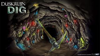 A single, stylized pickaxe, a single demilune pendant hanging from its handle, is thrust into the ground within a cavern with walls covered in glittering gems.