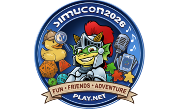 SimuCon Logo with Simutronics Sparky Character surrounded by gaming items like ducks, cards, and dice. A banner at the top says "SimuCon 2026" and one at the bottom says "Fun, Friends, and Adventure."