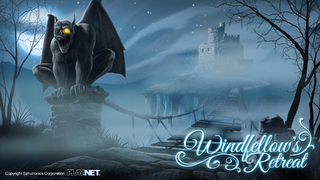 A large stone gargoyle perches on top of a stone plinth in the foreground, one of its eyes glowing an ominous bright yellow. Next to the gargoyle, a rickety rope bridge leads away and across a deep chasm toward a far cliff. A crumbling stone castle rises in the distance beyond the bridge. In the background, the moon is full and glowing. Mist swirls around the image, obscuring its details.