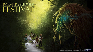 Five adventurers stand in a loose group along a bubbling stream edged in large stones. They are looking at their scenery and one holds a map in hand. The dense foliage of a rainforest surrounds them, vibrant and green along the creek and darkening into shadows. A tree-like figure is in the foreground watching them, her hair a mass of leaves and vines and her one visible eye glowing bright blue.