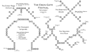 Simple color map of the realm of Naidem, representing the different rooms in games as connected blocks and including some prominent locations such as the Ember Ridge Orchard, Bittermere Woods, Graveyard Temporalis, and the Gleyminn Anni River.