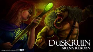 A female wizard with auburn hair wields a twisted rune staff with a glowing orb capping it while facing off against a snake-headed humanoid aberration ready to strike.