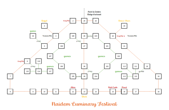 Representational in-game map of the Harvest Luminary Festival grounds.