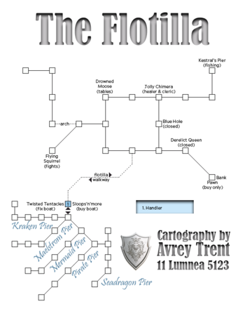 Representational map of the in-game rooms comprising the Flotilla, host of the Fowl Fashion Feastday festival.