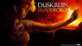 An elven woman is shrouded mostly in shadows, with one side of her body highlighted by a nearby fire as blood streams from the palm of her hand down her forearm to her elbow.