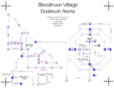 Simple color map of Bloodriven Village and Duskruin Arena, representing the different rooms in games as connected blocks.