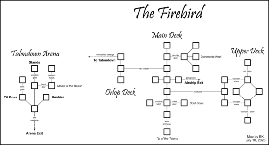 Representational map of the in-game rooms comprising the Firebird airship. Dated July 2026.