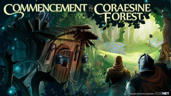 Two figures stand in the foreground next to a wooden merchant wagon, looking outward from the woods into a small, open glade where several festival tents stand in tatters. The forest encroaches from the sides, dark and gloomy, with large thorny vines twisting along the lower left corner. It is prominently titled, "Commencement of Coraesine Forest".